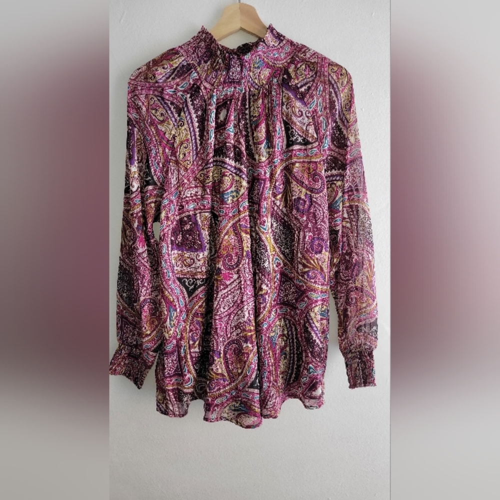 Bohemian Scrolls Smocked Mock-Neck Top